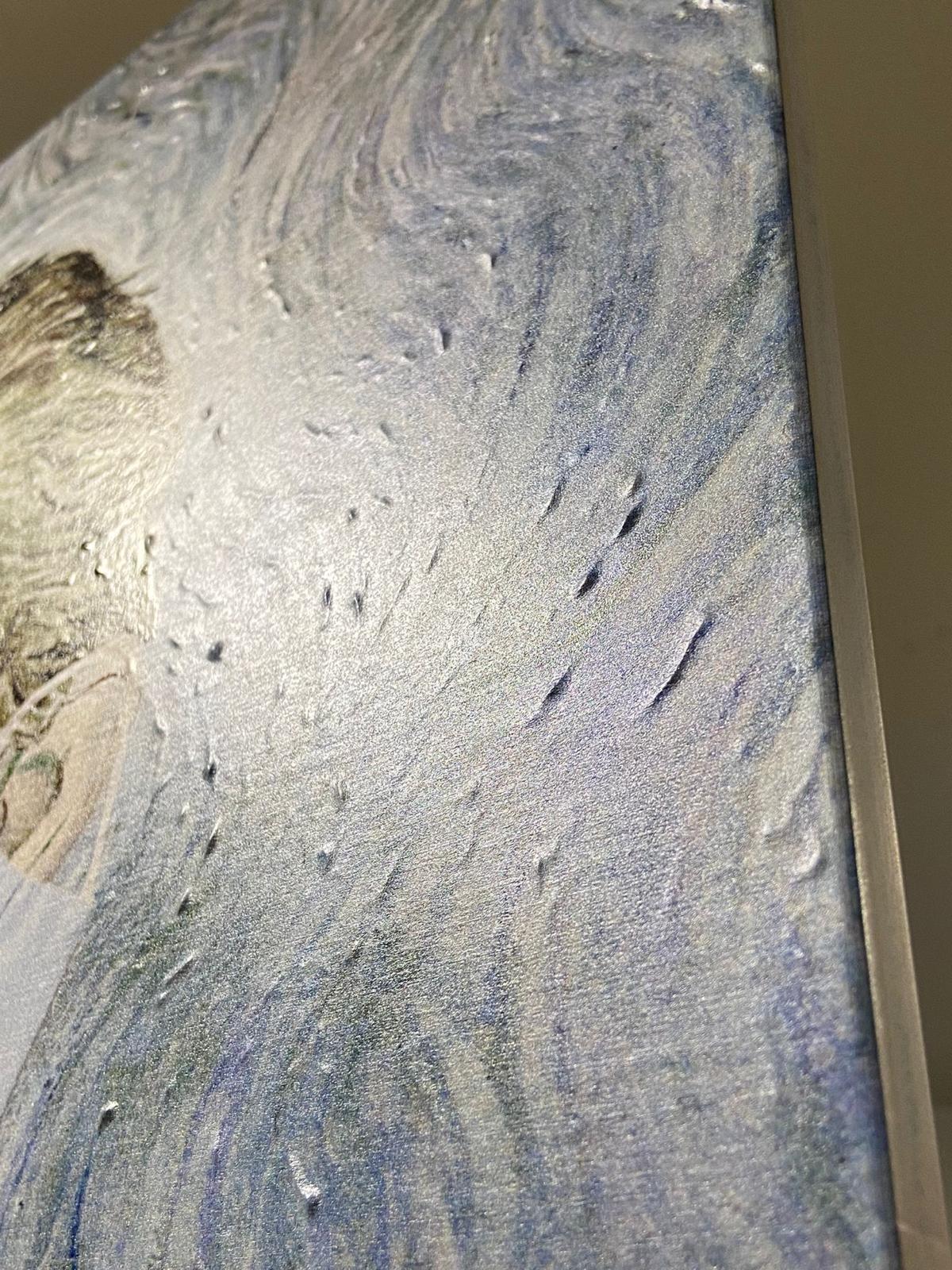 Macro on a single ridge — paint texture rebuilt as physical relief, then printed over.