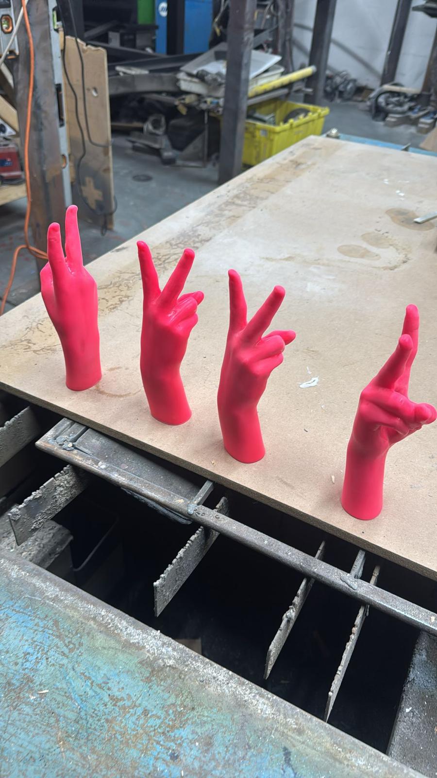 Production — four of the fifty lined up on the bench in Aberdeen, ready to be packed for London.
