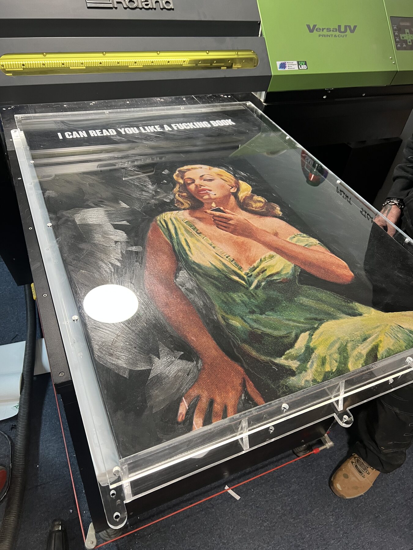 In the bespoke acrylic case, on the Roland VersaUV bed for final detailing.