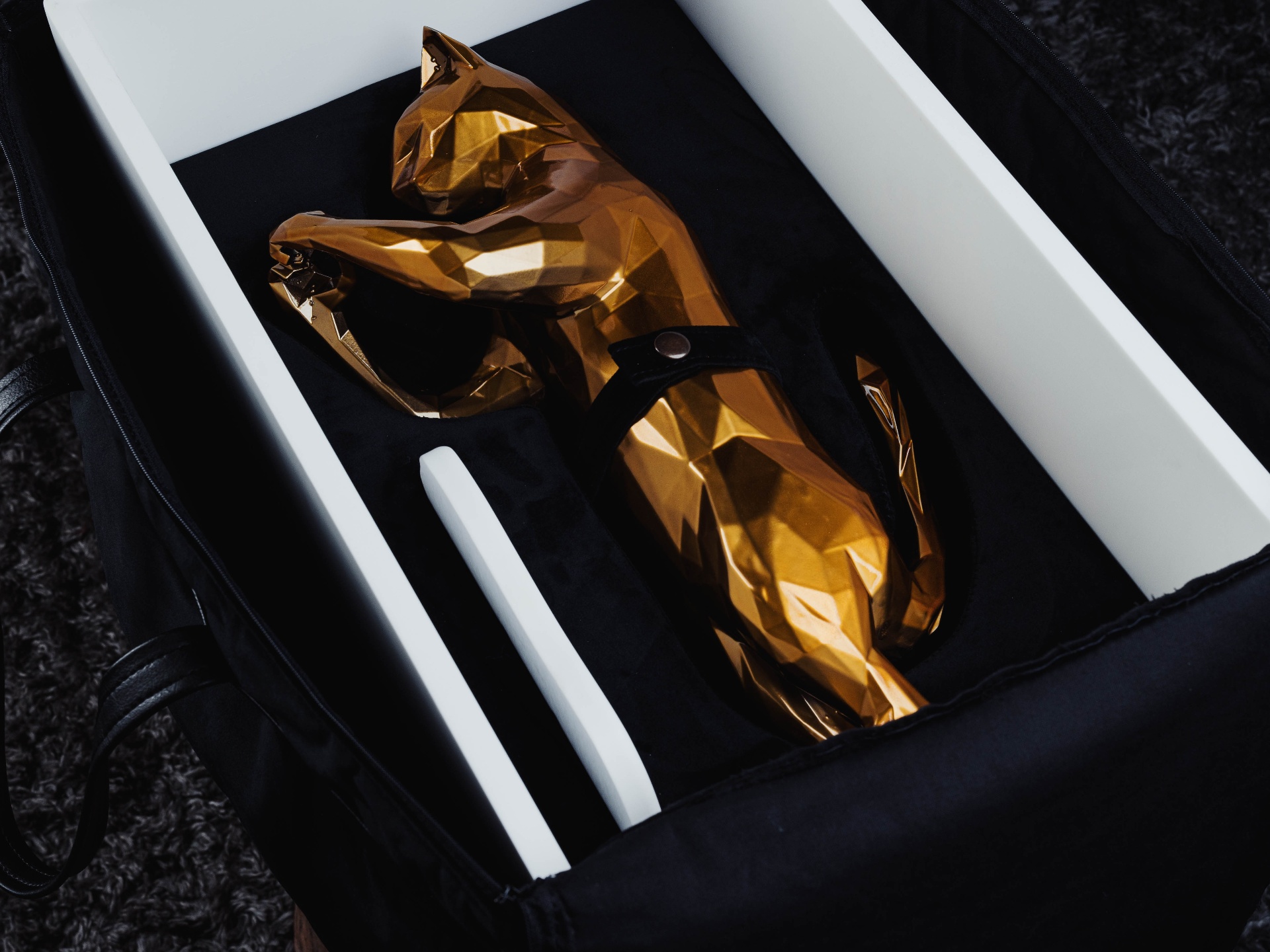 Sculpture nested in its custom case, strapped for transit to London