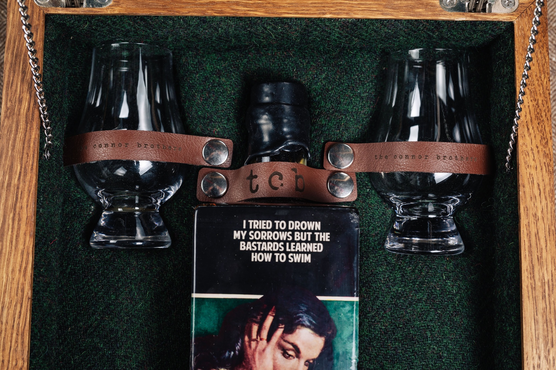 Detail — "tcb" leather strap holding the bottle, stamped "the connor brothers" on the glass straps.