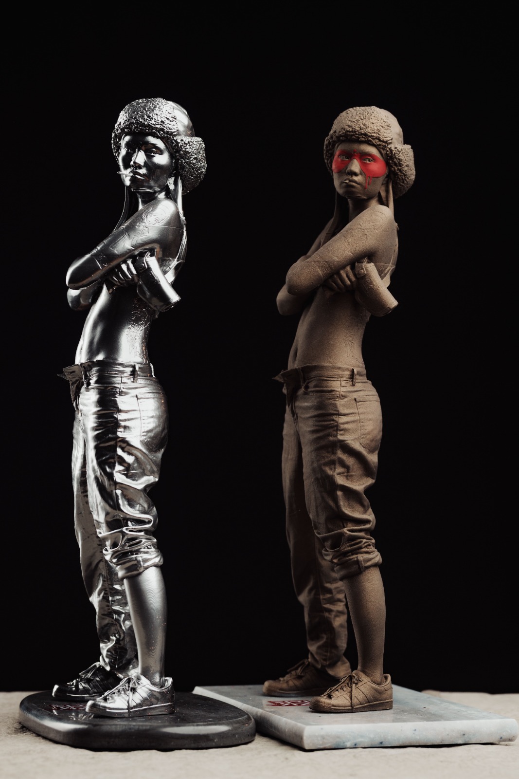 Studio shot — same sculpture, two finishes. Different character, identical geometry.