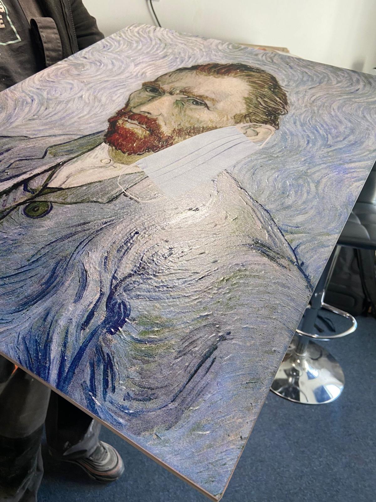Raking light across the finished panel — brushstrokes catch the light just like an oil.