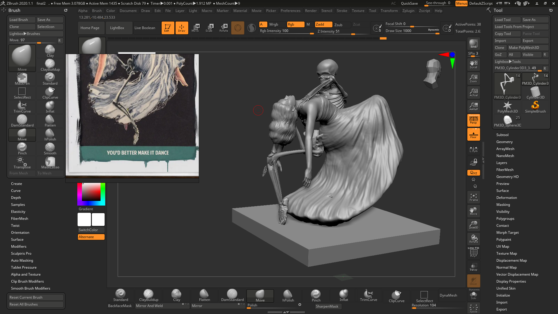 Digital sculpt in ZBrush — working from the original painting on the left.